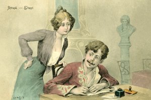 Frau fängt einen Mann beim Briefschreiben