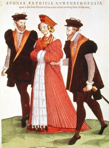 Frau aus Nürnberg wird von zwei Senatoren zum Tempel eskortiert, 1572