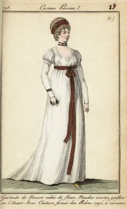 Frau in der Mode von 1798 mit kurzen Haaren unter einem Kranz