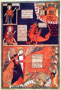 Die Frau der Apokalypse wird vom siebenköpfigen Drachen angegriffen und St. Michael tötet den Drachen, aus Liber Floridus von Lambert de Saint-Omer, ca. 1120