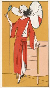 Frau in einem roten Kreppkleid und weißem Hut aus den 1920er Jahren (Farblithografie)