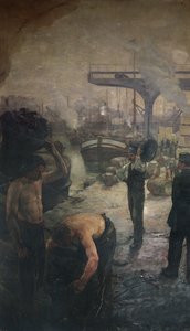 Arbeiter entladen Kohle von einem Lastkahn, frühes zwanzigstes Jahrhundert von French School