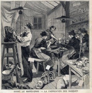 Werkstatt zur Herstellung von Masken für die Verkleidungen des Karnevals. In „Le Petit Parisien“ am 14.02.1897 von French School