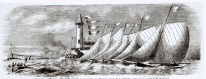 Yachten umfahren den Joliette-Leuchtturm während der Regatta von 1864 in Marseille, aus Le Monde Illustré, 17. September 1864 von French School
