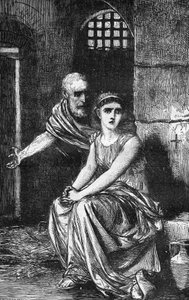 Junge christliche Jungfrau Theodora von Alexandria in einem Haus der Ausschweifung eingesperrt, weil sie sich weigerte, ihren Glauben aufzugeben. Gravur in „Die Geschichte der Prostitution und Ausschweifung bei allen Völkern der Welt von der Antike bis heu von French School