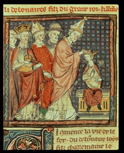 Die Krönung von Ludwig I. dem Frommen (778-840), Heiliger Römischer Kaiser, durch Papst Stephan IV. (Papst 816-817) in Reims im Jahr 816, aus den Grandes Chroniques de France, 1375-79