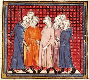 f.155r Edelleute verschwören sich gegen König Ludwig den Frommen, aus den Grandes Chroniques de France, 1375-79