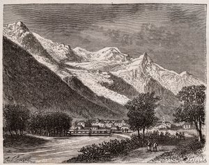 Das Tal von Chamonix und der Mont Blanc - Gravur in „La France illustree: geographie, histoire, administration statistique“ von V.A. Malt-Brown. 1884