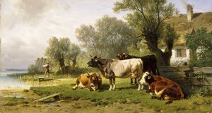 Vieh in einem Bauernhof entlang eines Flusses mit einem Fischer im Hintergrund von Friedrich Johann Voltz