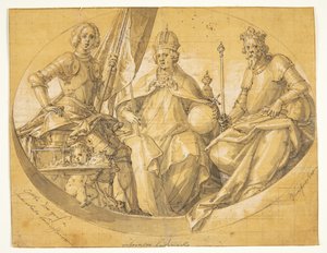 Entwurf für ein ovales Deckenbild(?) darstellend die Könige Otto der Große (912-973), Ludwig der Reiche (1417-1479) und Ruprecht (1352-1410) von Friedrich Sustris