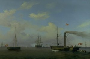 Das dänische Geschwader vor Anker auf der Reede von Warnemünde. Ihre königlichen Hoheiten der Kronprinz und die Kronprinzessin kommen mit dem Dampfschiff "Kiel" zum Geschwader, und das Kriegsschiff "Christian der Achte" beginnt zu salutieren