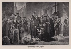 Martin Luther verbrennt die päpstliche Bulle in Wittenberg, Deutschland