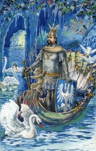 König Ludwig II. als Lohengrin in der Blauen Grotte von Schloss Linderhof. Um 1900