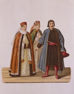 Kleidung der unverheirateten Bojaren-Töchter zur Zeit Peters I. Aus der Serie Kleidung der... von Fyodor Grigoryevich Solntsev
