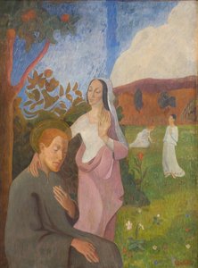 Dekoratives Bild. Die Vision des Heiligen Franziskus mit den drei weißen Jungfrauen