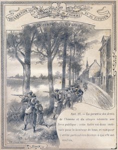1789: Erklärung der Menschen- und Bürgerrechte: Verteidigung des Vaterlandes. Gravur in "Das einzigartige Buch der Moral und staatsbürgerlichen Unterweisung, bestimmt für die Schüler der drei Kurse der Grundschule und für die Grundschulklassen der Gymnasie von G. Dascher