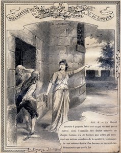 1789: Erklärung der Menschen- und Bürgerrechte: Die Freiheit. Gravur in "Das einzigartige Buch der Moral und staatsbürgerlichen Erziehung, bestimmt für die Schüler der drei Kurse der Grundschule und für die Schüler der Grundklassen der Gymnasien und Colleg