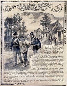 1789: Erklärung der Menschen- und Bürgerrechte: Achtung vor dem Gesetz. Gravur in "Das einzigartige Buch der Moral und staatsbürgerlichen Unterweisung, bestimmt für die Schüler der drei Kurse der Grundschule und für die Schüler der Grundklassen der Gymnasi