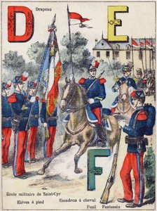 Buchstaben D E F: Flagge, Militärschule von Saint-Cyr (Saint Cyr), Schüler zu Fuß, Pferdeeskadron, Gewehr und Infanterist, ca. 1900