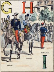 Buchstaben G H I: General, Husar und Ausbilder. Gravur in "Alphabet militaire", Grand-Bebe-Serie. Gravur. Pont-a-Mousson Imaging. Louis Vagne, Drucker-Verleger, um 1900. Illustrationen von G. Dascher. 20 Seiten. Maße: 31,5x24,5cm