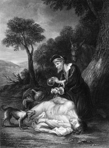 Er verband seine Wunden, goss Öl und Wein ein, um 1830er Jahre von G. H. Adcock