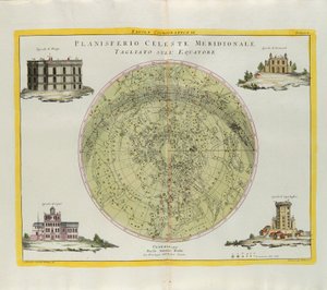 Kosmographische Platte des südlichen Himmelsplanisphären, am Äquator geschnitten, Gravur von G. Zuliani aus Band I des Neuesten Atlas, veröffentlicht in Venedig 1777 von Antonio Zatta von G. Zuliani
