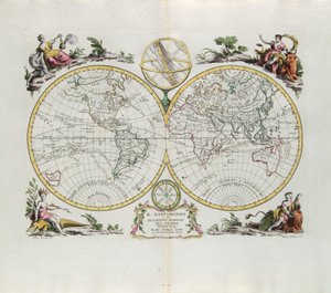 Weltkarte und allgemeine Beschreibung des Globus, Gravur von G. Zuliani aus Band I des Neuesten Atlas, veröffentlicht in Venedig 1774 von Antonio Zatta