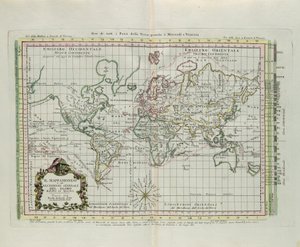 Weltkarte und allgemeine Beschreibung des Globus, reduziert auf ein Bild, Stich von G. Zuliani aus Band I des "Neuesten Atlas" veröffentlicht in Venedig 1774 von Antonio Zatta