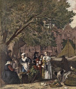 Der Kräutermarkt von Amsterdam. Gravur aus dem 19. Jahrhundert nach dem Gemälde von Gabriel Metsu (1629-1667).