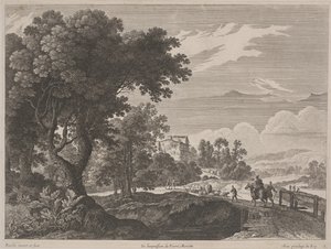 Landschaft mit Reisenden, die eine Brücke überqueren von Gabriel (after) Perelle