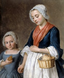 Kleines Mädchen fährt in der Klasse. Eine Mutter hält den Geschmack ihrer kleinen Tochter in einem Korb (Detail) von Gabriel Gresly