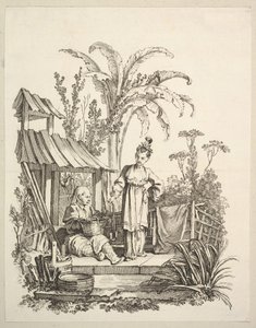 Ein sitzender chinesischer Mann und eine Frau, die einen Fisch trägt, ca. 1742