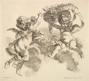 Zwei Kinder, eines hält einen Korb mit Blumen, 1738-45