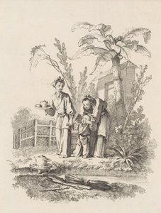 Zwei Frauen führen ein Kind zu einer Teekanne auf einem Tisch in der Nähe eines Teiches, ca. 1742