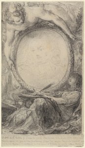 Allegorischer Rahmen mit einem Genius und einer verschleierten Frau, die schreibt von Gabriel Jacques de Saint Aubin