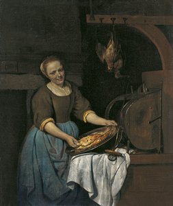 Küchenmagd bereitet Fisch zu von Gabriel Metsu