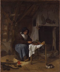 Alte Frau bei ihrer Mahlzeit in einem Innenraum von Gabriel Metsu