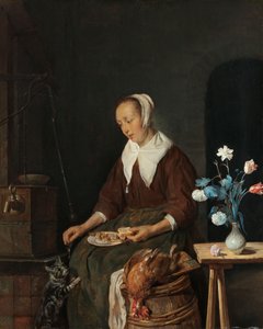 Frau beim Essen, bekannt als „Das Katzenfrühstück“, ca. 1661-64 von Gabriel Metsu