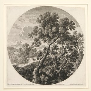 Landschaft mit zwei Reisenden und einer Burg; und Hirte, Schafe und Rinder in einer Landschaft, aus einer Serie von sechs Landschaften