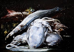 Tintenfisch, Grauer Meeräsche und Roter Meeräsche auf einem Steinvorsprung ruhend von Gaetano Cusati