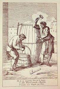 Böttcher bei der Arbeit, Gravur von Gaetano Gherardo Zompini aus Die Künste des Alltagslebens in der Stadt Venedig, Italien