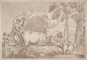 Eine Frau mit zwei Kindern zu Pferd von Gaetano Zompini, after Giovanni Benedetto Castiglione