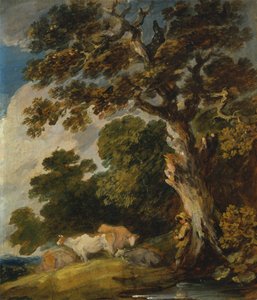 Bewaldete Landschaft mit Vieh und Hirte