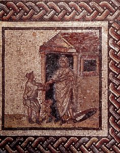 Gallorömische Kunst: Mosaikpflaster, das einen rustikalen Kalender darstellt. Feierliche Szene. Ende 2. Anfang 3. Jahrhundert nach Christus. Aus Saint-Romain-en-Gal (Rhône). Saint Germain en Laye, Nationalmuseum für Archäologie
