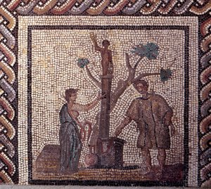 Gallorömische Kunst: Mosaikpflaster, das einen rustikalen Kalender darstellt. Opferszene für Ceres und Apollo. Ende 2. Anfang 3. Jahrhundert n. Chr. Aus Saint-Romain-en-Gal (Rhône). Saint Germain en Laye, Nationalmuseum für Archäologie