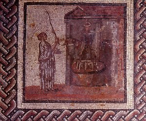 Gallorömische Kunst: Mosaikpflaster, das einen rustikalen Kalender darstellt. Die Arbeit mit dem Schleifstein. Ende 2. Anfang 3. Jahrhundert nach Christus. Aus Saint-Romain-en-Gal (Rhône). Saint Germain en Laye, Nationalmuseum für Archäologie