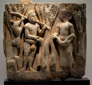 Kleiderwechsel mit einem Jäger. Flachrelief, Kunst von Gandhara (Pakistan), 2.-3. Jahrhundert. Nationalmuseum von Korea, Seoul (Südkorea).