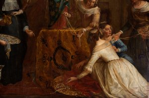 Pfarrkirche (Eglise Saint-Brice). Erzherzogin Isabel von Spanien übergibt ihren Schmuck an die Basilika Saint-Martin von Halle. Gaspar de Crayer.