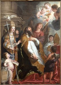 Der heilige Augustinus von Hippo in Ekstase. Der Heilige fiel in Ohnmacht, als er ein brennendes Herz sah, das von Engeln umgeben war. Links die Taube des Heiligen Geistes. Gemälde von Gaspar de Crayer (1584-1669), flämische Kunst des 17. Jahrhunderts von Gaspar De Crayer