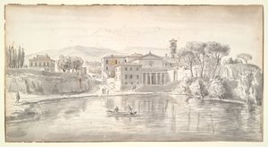 Kirche und Häuser an einem Fluss von Gaspar van Wittel